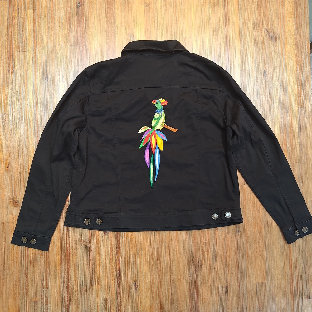 Stylish Black Jean Jacket with Colorful Parrot Embroidery